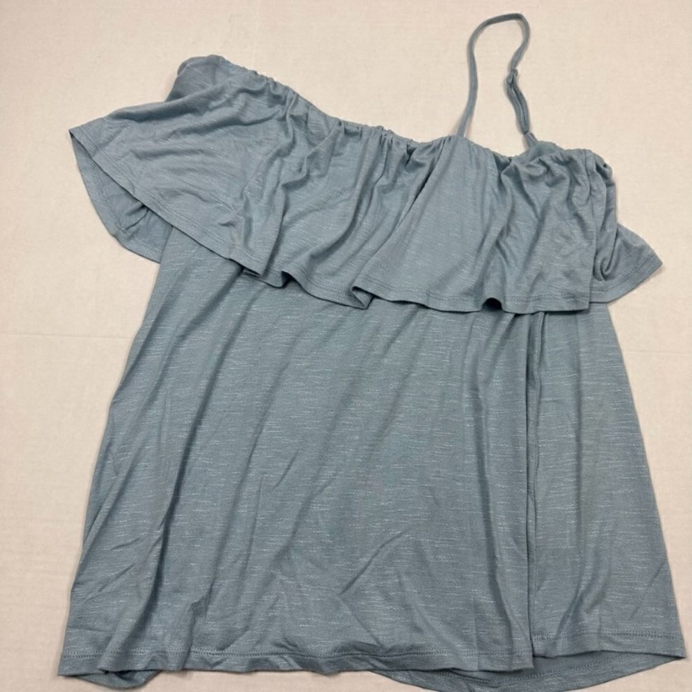 Pink Rose Blue One Shoulder Ruffle Summer Blouse Jersey Top, M